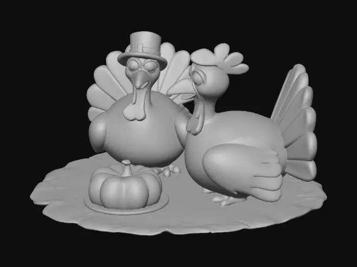 3D model for a cute turkey family happily celebrates thanksgiving with pumpkin pie.