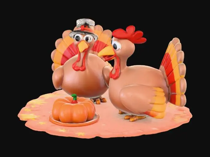 3D model for a cute turkey family happily celebrates thanksgiving with pumpkin pie.
