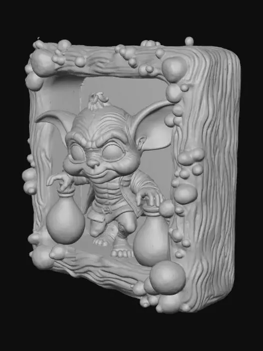 3D model for 3D relief of a sneaky little goblin holding colorful glowing potions while running from a witch's shelf. Tile shape: rounded rectangle with potion bubbles carved around the frame. multi-color (green, purple, orange, blue). Detailed embossed surface, cartoon-spooky vibe, designed for collectible Halloween display.