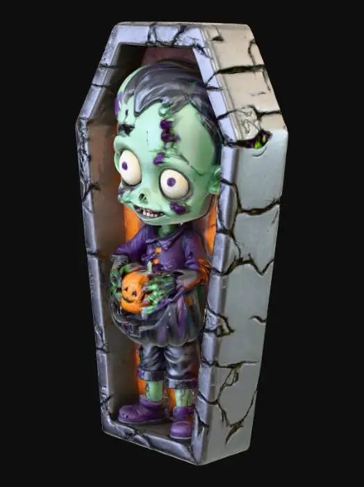 3D model for 3D collectible tile featuring a cute zombie boy with stictched smile and one candy eye, holding a pumpkin candy bucket. Tile shape: coffin-shaped base with cracked texture. Multi-color (green, gray, orange, purple). Cartoon-spooky Halloween relief, perfect for display, cinematic lighting, embossed details for 3D print clarity.