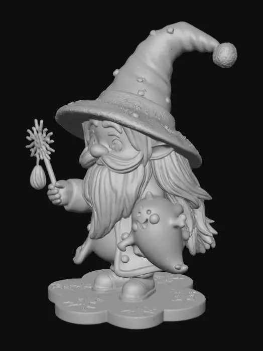 3D model for 3D relief tile of a cute icy witch with frosty hat, wand, and smiling ghostly companion. Tile shape: snowflake border. Multi-color (blue, white, silver, light purple). Soft cute villain style, embossed 3D details, designed for collectible wall display and multi-color layering.