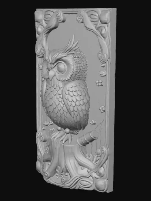 3D model for 3D tile showing a wise cute owl wearing tiny goggles and a pouch of scrolls, perched on a tree stump. Tile shape: hexagon  with leaf pattern border. Multi-color (brown, green, beige, gold). Gentle forest-spirit style, embossed relief, perfect for display wall or shelf.