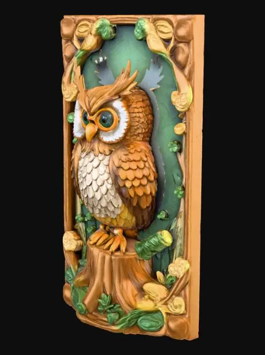 3D model for 3D tile showing a wise cute owl wearing tiny goggles and a pouch of scrolls, perched on a tree stump. Tile shape: hexagon  with leaf pattern border. Multi-color (brown, green, beige, gold). Gentle forest-spirit style, embossed relief, perfect for display wall or shelf.
