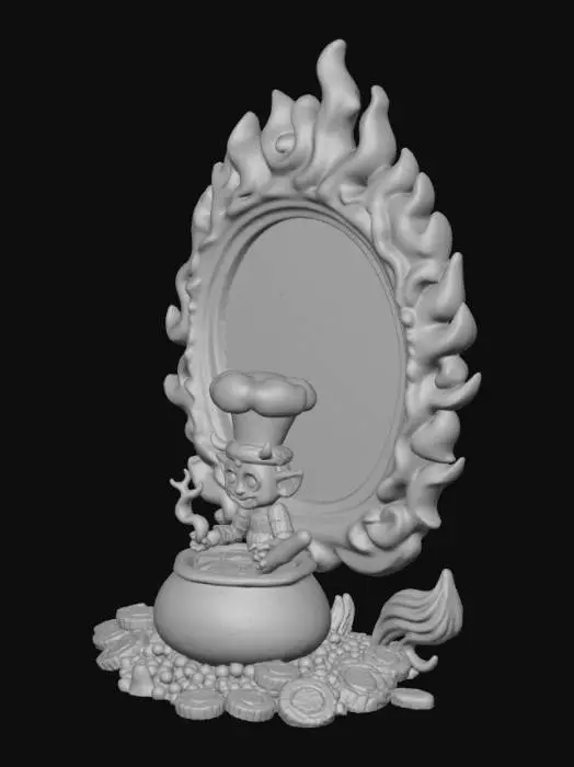 3D model for 3D tile showing a small red demon with chef hat cooking a bubbling cauldron of candy soup. Tile shape: circular flame border. Multi-color (red, orange,yellow, black) Cute and funny Halloween tone, embossed layered 3D texture, optimized for 0.2 mm layer height, collectible figure tile.