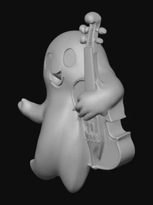 3D model for 3D collectible tile showing a transparent ghost holding a lantern and a violin, floating above a musical swirl. Tile shape: oval with glowing border. multi-color design (white, blue, teal, silver). Cute-spooky Halloween fantasy atmosphere, detailed relief, decorative collectible, cinematic light.