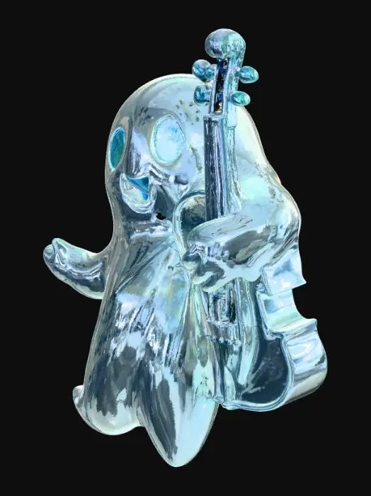 3D model for 3D collectible tile showing a transparent ghost holding a lantern and a violin, floating above a musical swirl. Tile shape: oval with glowing border. multi-color design (white, blue, teal, silver). Cute-spooky Halloween fantasy atmosphere, detailed relief, decorative collectible, cinematic light.