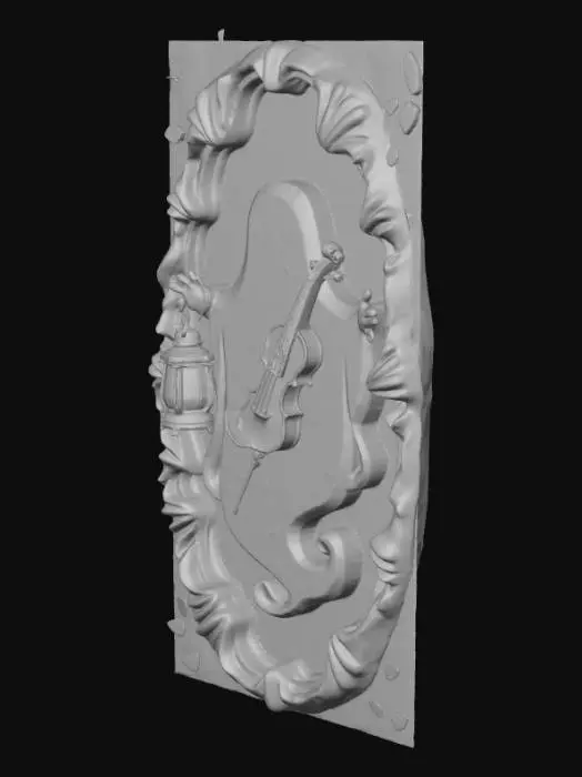 3D model for 3D collectible tile showing a transparent ghost holding a lantern and a violin, floating above a musical swirl. Tile shape: oval with glowing border. multi-color design (white, blue, teal, silver). Cute-spooky Halloween fantasy atmosphere, detailed relief, decorative collectible, cinematic light.