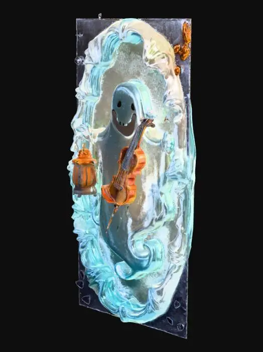 3D model for 3D collectible tile showing a transparent ghost holding a lantern and a violin, floating above a musical swirl. Tile shape: oval with glowing border. multi-color design (white, blue, teal, silver). Cute-spooky Halloween fantasy atmosphere, detailed relief, decorative collectible, cinematic light.