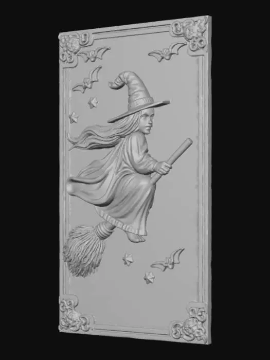 3D model for 3D Halloween witch flying on broom silhouette,
trailing stars and tiny bats behind her. The broom
has rough carved bristles and flowing cloak
texture. All in single orange filament, 150x150x6
mm, flat back decorative tile, print-ready for
Bambu Lab A1 Mini. Use smooth and engraved
layers for depth illusion without color.
3
Flying Broom Scene