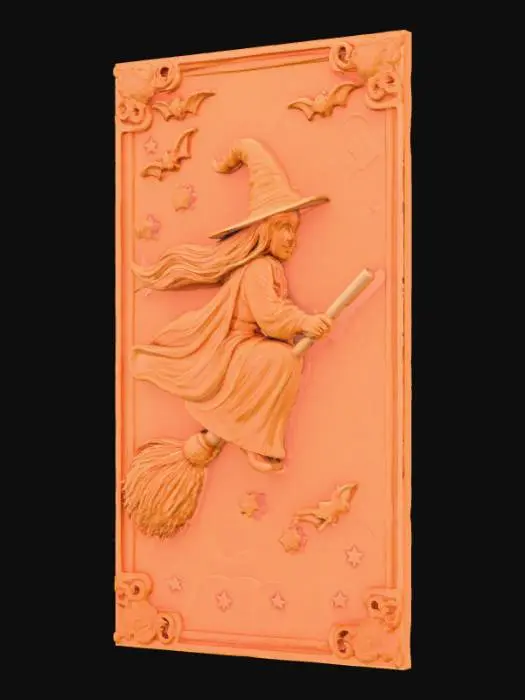 3D model for 3D Halloween witch flying on broom silhouette,
trailing stars and tiny bats behind her. The broom
has rough carved bristles and flowing cloak
texture. All in single orange filament, 150x150x6
mm, flat back decorative tile, print-ready for
Bambu Lab A1 Mini. Use smooth and engraved
layers for depth illusion without color.
3
Flying Broom Scene