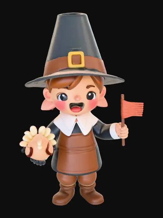3D model for a proud cute pixel style pilgrim presenting their culture with pilgrim hat and happy celebrating thanksgiving