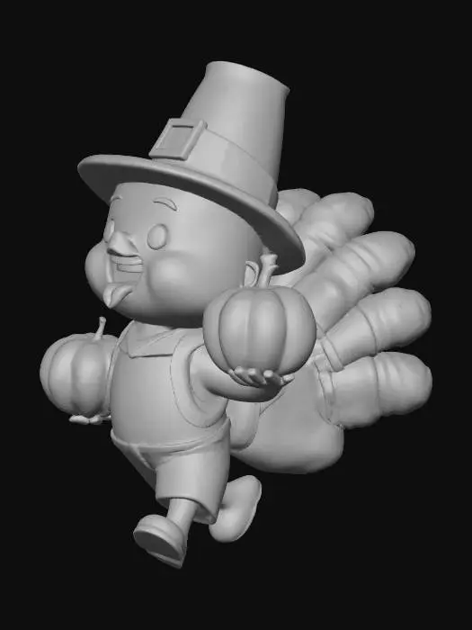 3D model for a chibi superhero turkey is running to save the world carrying pumpkins, wearing pilgrim hat and the mood is happily celebrating thanksgiving