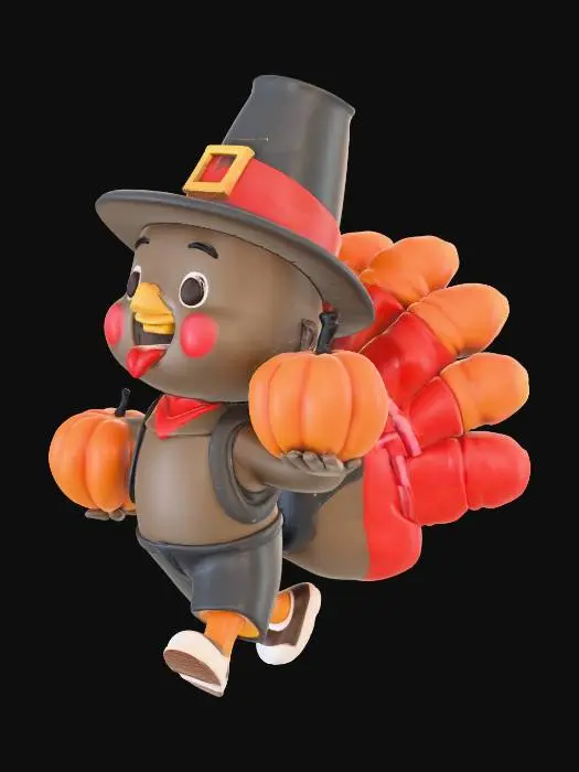 3D model for a chibi superhero turkey is running to save the world carrying pumpkins, wearing pilgrim hat and the mood is happily celebrating thanksgiving