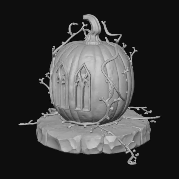 3D model for A detailed Halloween pumpkin lantern carved with cathedral-style windows, glowing warm candlelight inside, sorrounded by swirling mist and twisted iron vines, set on a stone base with ancient runes - realistic lighting, spooky elegant mood, high detail.