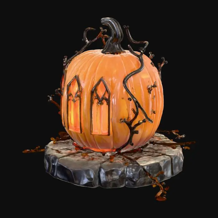 3D model for A detailed Halloween pumpkin lantern carved with cathedral-style windows, glowing warm candlelight inside, sorrounded by swirling mist and twisted iron vines, set on a stone base with ancient runes - realistic lighting, spooky elegant mood, high detail.