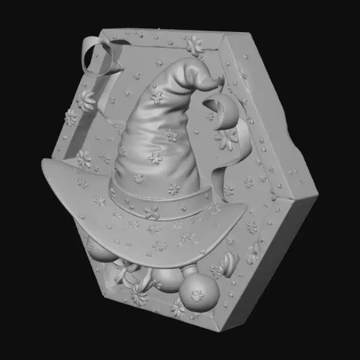 3D model for 3D tile shaped like a hexagon featuring a floating witch hat with ribbons, sparkles, and tiny potion bottles dangling.  Background includes swirled smoke pattern and mini broom. Multi-color (purple, orange, green, black). Embossed layered 3D relief, whimsical Halloween collectible, high-detail model for multi-color printing.