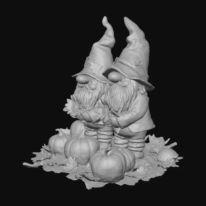 3D model for cute and whimsical characters: autumn themed gnomes with sunflowers and a harvest ready character overflowing with gourds, pumpkin, and apples