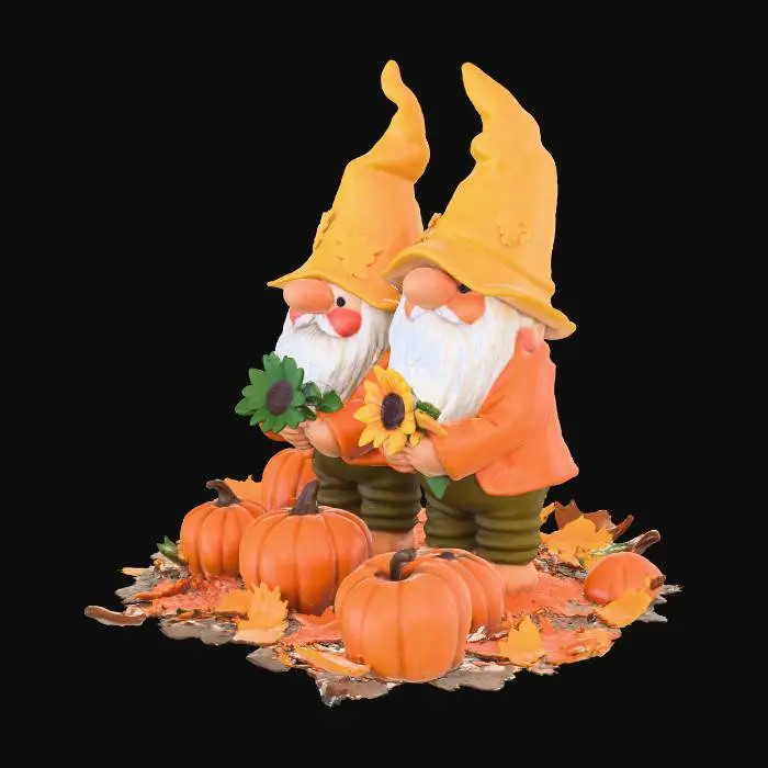 3D model for cute and whimsical characters: autumn themed gnomes with sunflowers and a harvest ready character overflowing with gourds, pumpkin, and apples