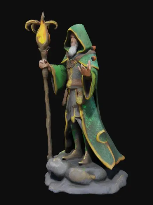 3D model for “Crie um modelo 3D ultra-realista para impressão de um action figure de um mago arcano, exibido em uma animação 360° tipo turntable. O mago veste um manto místico inspirado em escamas de dragão, com tonalidades esmeralda e dourado, texturizado como couro trabalhado com runas brilhantes. Sua pose é imponente, de pé sobre uma base rochosa ornamentada com símbolos flutuantes. Nas mãos, empunha um cajado alto, feito de madeira retorcida e cristal de fogo no topo, irradiando chamas mágicas alaranjadas e vermelhas que dançam ao seu redor. O rosto do mago é envelhecido, com sobrancelhas arqueadas, olhos cintilantes cor âmbar e barba trançada que termina em pontas metálicas. Detalhes extras: ornamentos de metal envelhecido no cinturão; pequenas esferas de energia flutuando sobre os ombros; efeito
