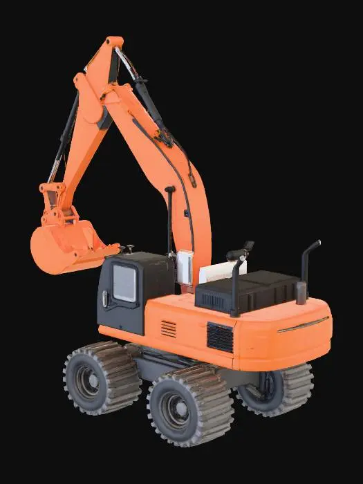 3D model for Dev bir tekerlekli eskavatör oluştur. Turuncu renkli olsun.