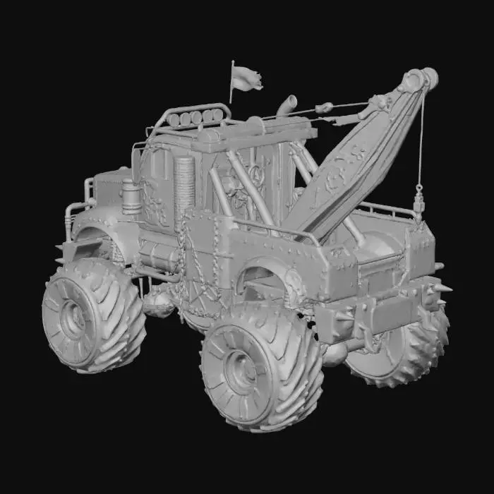 3D model for "Post-apocalyptic hellish monster tow truck, heavily armored battle vehicle, Mad Max style, massive rusted metal chassis with spikes and chains, enormous reinforced tow crane with skulls and fire decals, oversized monster truck wheels with metal armor plating, aggressive front grille with demon face design, exhaust pipes shooting flames, welded metal plates and rivets covering body, barbed wire wrapped around bumpers, rusty orange and black color scheme with Hell-themed graffiti, oil-stained weathered metal, industrial chains hanging from sides, reinforced roll cage, menacing spotlight rig on top, cinematic dramatic lighting, desert wasteland background, dust and smoke effects, hyper detailed, 4K quality, concept art style, octane render"