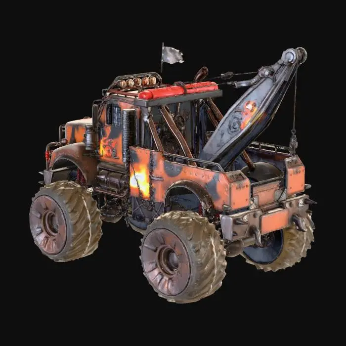 3D model for "Post-apocalyptic hellish monster tow truck, heavily armored battle vehicle, Mad Max style, massive rusted metal chassis with spikes and chains, enormous reinforced tow crane with skulls and fire decals, oversized monster truck wheels with metal armor plating, aggressive front grille with demon face design, exhaust pipes shooting flames, welded metal plates and rivets covering body, barbed wire wrapped around bumpers, rusty orange and black color scheme with Hell-themed graffiti, oil-stained weathered metal, industrial chains hanging from sides, reinforced roll cage, menacing spotlight rig on top, cinematic dramatic lighting, desert wasteland background, dust and smoke effects, hyper detailed, 4K quality, concept art style, octane render"