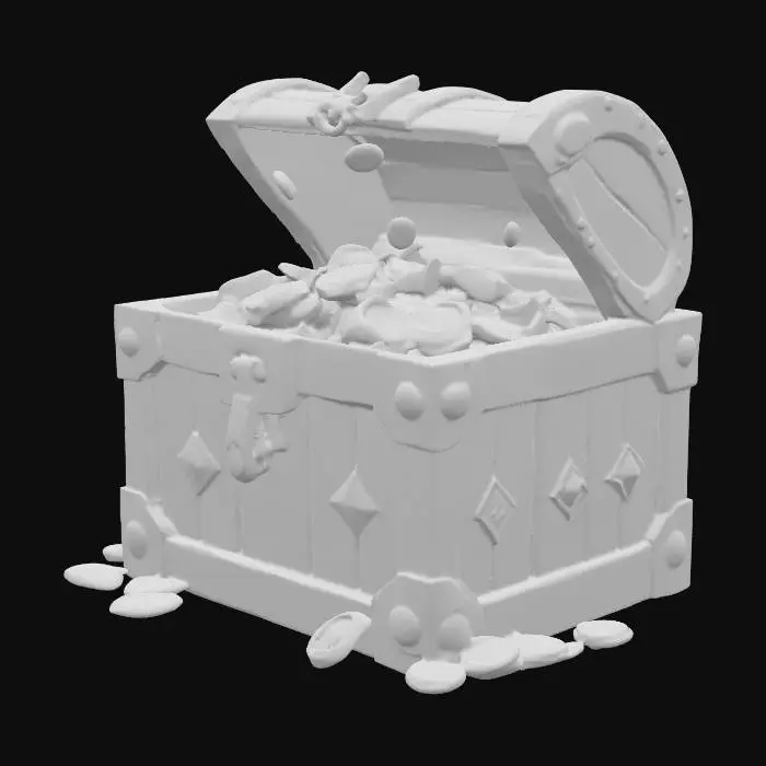 3D model for A stylized low-poly 3D treasure chest for Roblox, designed as the final reward at the end of an obby. The chest is made of sturdy wooden panels with glowing golden trim and reinforced metal edges. The lid is slightly open with a magical light glow inside. Colorful gems, gold coins, and sparkling jewelry are overflowing and falling out onto the ground. Style: cartoony but polished, optimized for Roblox performance (low poly, simple textures), game-ready, epic and rewarding look.