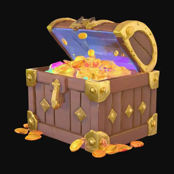 3D model for A stylized low-poly 3D treasure chest for Roblox, designed as the final reward at the end of an obby. The chest is made of sturdy wooden panels with glowing golden trim and reinforced metal edges. The lid is slightly open with a magical light glow inside. Colorful gems, gold coins, and sparkling jewelry are overflowing and falling out onto the ground. Style: cartoony but polished, optimized for Roblox performance (low poly, simple textures), game-ready, epic and rewarding look.