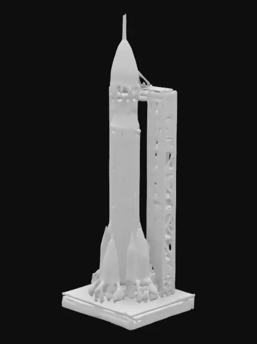 3D model for NASA Artemis SLS rocket on the launch pad at Kennedy Space Center. The massive orange core stage, white upper stage, and twin solid rocket boosters stand tall. NASA and Artemis logos visible. Smoke and steam rise from the base. Sunset sky with warm reflections on the metallic surface. Launch tower in the background, scattered clouds in the sky. High detail, photorealistic, epic lighting