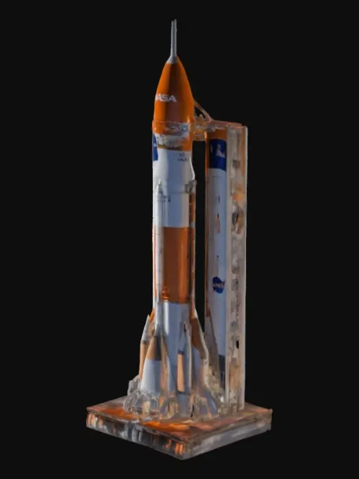 3D model for NASA Artemis SLS rocket on the launch pad at Kennedy Space Center. The massive orange core stage, white upper stage, and twin solid rocket boosters stand tall. NASA and Artemis logos visible. Smoke and steam rise from the base. Sunset sky with warm reflections on the metallic surface. Launch tower in the background, scattered clouds in the sky. High detail, photorealistic, epic lighting
