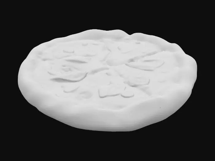 3D model for 一块香脆可口的披萨，饼底金黄酥脆，边缘略微焦黑。表面均匀铺满融化的马苏里拉奶酪，呈现出诱人的金黄色拉丝效果，点缀着红色的番茄块和深绿色的罗勒叶。触感温热而有弹性，散发着浓郁的奶酪和香草气息，圆形规整，切割成八片，引人食欲。