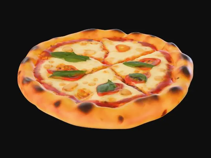 3D model for 一块香脆可口的披萨，饼底金黄酥脆，边缘略微焦黑。表面均匀铺满融化的马苏里拉奶酪，呈现出诱人的金黄色拉丝效果，点缀着红色的番茄块和深绿色的罗勒叶。触感温热而有弹性，散发着浓郁的奶酪和香草气息，圆形规整，切割成八片，引人食欲。