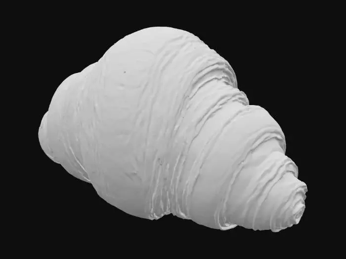 3D model for 一个烤至金黄酥脆的羊角面包，表面撒着薄薄的一层糖粉。其结构层次分明，呈现出螺旋状的丰富纹理，外皮薄而脆，内部则松软多孔。颜色由浅棕到金黄渐变，触感轻盈且带有微弱的油润感，散发着诱人的黄油和烘焙香气，形态弯曲而优雅。