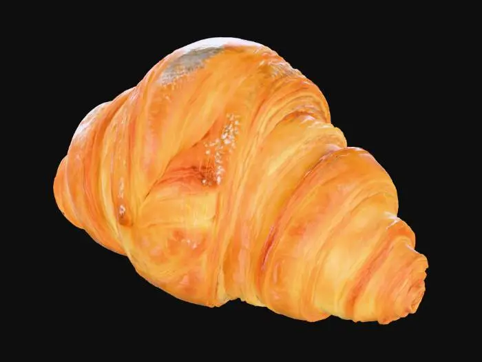 3D model for 一个烤至金黄酥脆的羊角面包，表面撒着薄薄的一层糖粉。其结构层次分明，呈现出螺旋状的丰富纹理，外皮薄而脆，内部则松软多孔。颜色由浅棕到金黄渐变，触感轻盈且带有微弱的油润感，散发着诱人的黄油和烘焙香气，形态弯曲而优雅。