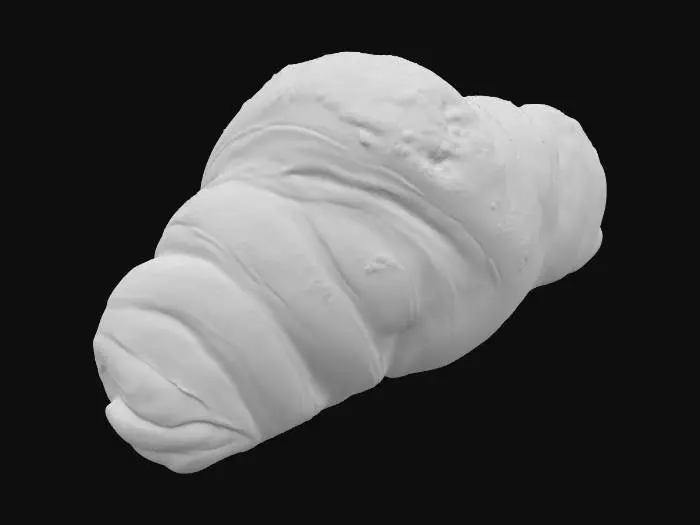 3D model for 一个烤至金黄酥脆的羊角面包，表面撒着薄薄的一层糖粉。其结构层次分明，呈现出螺旋状的丰富纹理，外皮薄而脆，内部则松软多孔。颜色由浅棕到金黄渐变，触感轻盈且带有微弱的油润感，散发着诱人的黄油和烘焙香气，形态弯曲而优雅。