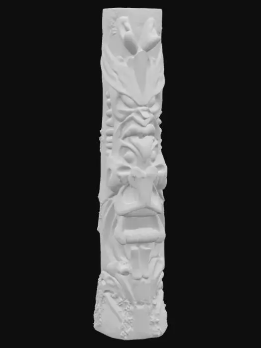 3D model for An ancient, towering totem pole, carved from petrified wood with a gnarled, weathered appearance. Its surface displays deep, organic grooves and splintered textures, worn smooth in places by time. Stacked figures of mythical beasts and ethereal spirits are intricately carved, some adorned with polished bone or ivory accents. Faint, glowing green moss clings to shadowed crevices, highlighting its aged, mystical aura. The overall feel is one of deep history and natural magic.