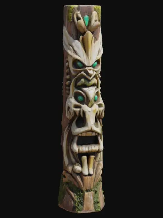 3D model for An ancient, towering totem pole, carved from petrified wood with a gnarled, weathered appearance. Its surface displays deep, organic grooves and splintered textures, worn smooth in places by time. Stacked figures of mythical beasts and ethereal spirits are intricately carved, some adorned with polished bone or ivory accents. Faint, glowing green moss clings to shadowed crevices, highlighting its aged, mystical aura. The overall feel is one of deep history and natural magic.