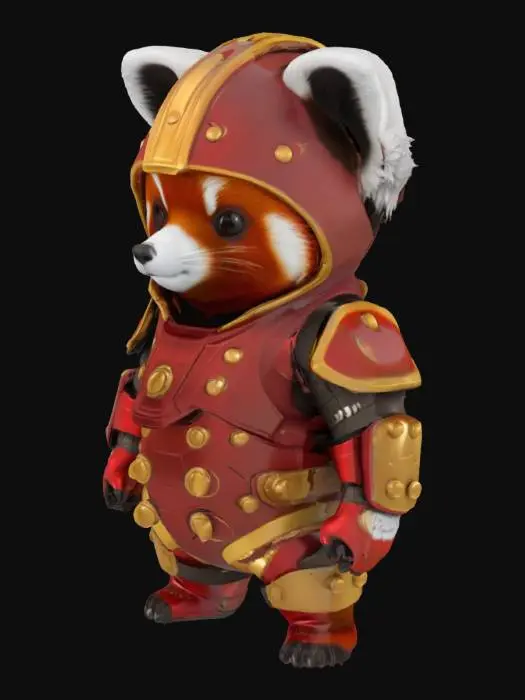 3D model for 一只圆滚滚的红色小熊猫，身披一套光泽亮丽的金属红与金色相间的装甲。装甲的关节处有小巧的铆钉和精致的机械纹路，胸口镶嵌着一个迷你发光弧形反应堆。它戴着一对可爱的、略显夸张的头盔耳朵，整体造型既未来感十足又憨态可掬。