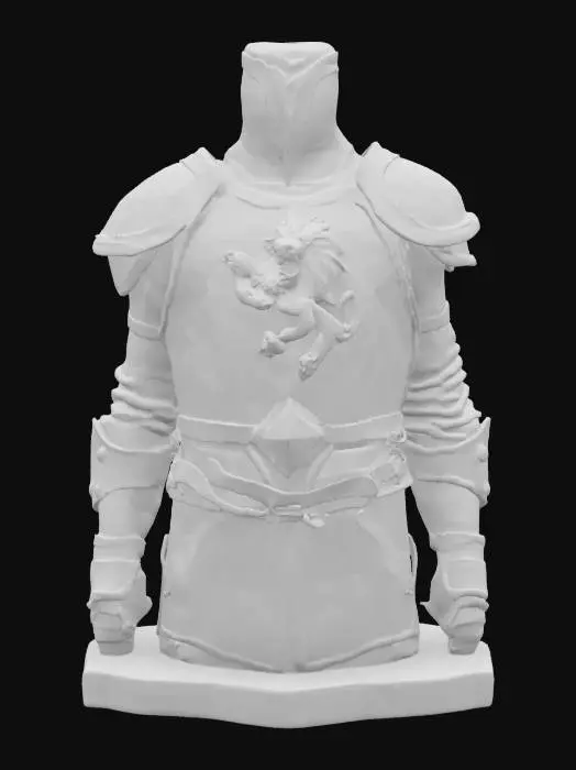 3D model for 一件饱经战火的骑士胸甲，由厚重的暗哑钢板锻造而成，表面遍布刀剑划痕与凹痕，呈现出战斗的累累印记。胸甲中央高浮雕着一头咆哮的雄狮纹章，细节刻画入微。甲片之间以粗犷的皮革带连接，部分钢板边缘被深棕色的锈迹侵蚀，整体色调沉稳，触感坚硬冰冷，尽显久经沙场的威严。