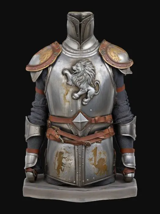3D model for 一件饱经战火的骑士胸甲，由厚重的暗哑钢板锻造而成，表面遍布刀剑划痕与凹痕，呈现出战斗的累累印记。胸甲中央高浮雕着一头咆哮的雄狮纹章，细节刻画入微。甲片之间以粗犷的皮革带连接，部分钢板边缘被深棕色的锈迹侵蚀，整体色调沉稳，触感坚硬冰冷，尽显久经沙场的威严。