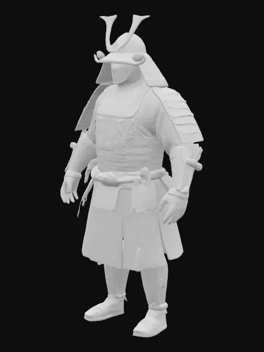 3D model for 一套精美的黑漆大铠，由数千片紧密相连的小札板构成，表面涂有光亮的黑色生漆，触感光滑而坚硬。胸前绘有金色的家纹，细节精致。肩部配有宽大的“大袖”，边缘系着鲜红色的丝线，质地柔软。整体造型厚重而威严，散发着武士特有的沉稳气息。