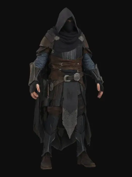 3D model for 一位身披深色斗篷的神秘刺客，身形精瘦而敏捷，斗篷材质轻盈，表面布满细密的褶皱，仿佛能融入阴影。他的脸部被兜帽和面罩遮住大半，只露出一双锐利而冷漠的眼睛。手臂和腿部肌肉线条流畅，展现出力量与爆发力。斗篷下隐约可见皮革护甲的纹理，整体姿态警觉而沉静。