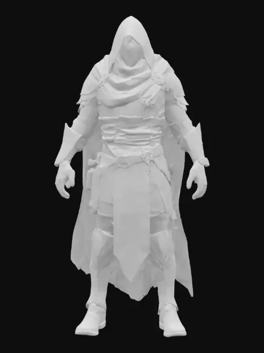 3D model for 一位身披深色斗篷的神秘刺客，身形精瘦而敏捷，斗篷材质轻盈，表面布满细密的褶皱，仿佛能融入阴影。他的脸部被兜帽和面罩遮住大半，只露出一双锐利而冷漠的眼睛。手臂和腿部肌肉线条流畅，展现出力量与爆发力。斗篷下隐约可见皮革护甲的纹理，整体姿态警觉而沉静。
