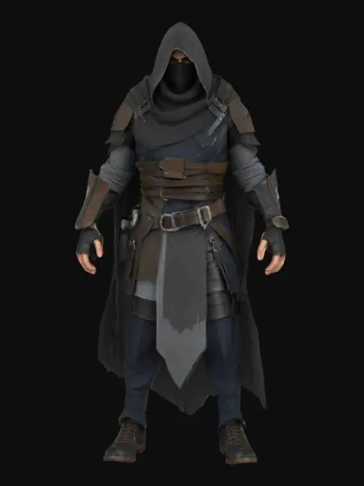 3D model for 一位身披深色斗篷的神秘刺客，身形精瘦而敏捷，斗篷材质轻盈，表面布满细密的褶皱，仿佛能融入阴影。他的脸部被兜帽和面罩遮住大半，只露出一双锐利而冷漠的眼睛。手臂和腿部肌肉线条流畅，展现出力量与爆发力。斗篷下隐约可见皮革护甲的纹理，整体姿态警觉而沉静。