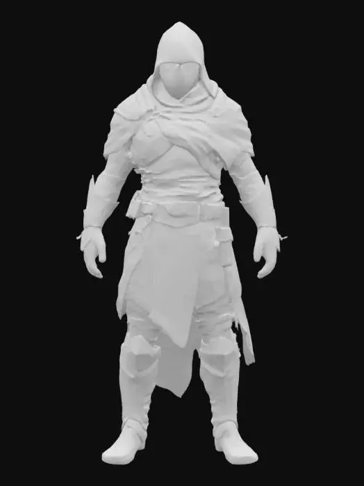 3D model for 一位身披深色斗篷的神秘刺客，身形精瘦而敏捷，斗篷材质轻盈，表面布满细密的褶皱，仿佛能融入阴影。他的脸部被兜帽和面罩遮住大半，只露出一双锐利而冷漠的眼睛。手臂和腿部肌肉线条流畅，展现出力量与爆发力。斗篷下隐约可见皮革护甲的纹理，整体姿态警觉而沉静。
