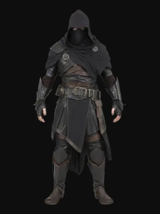 3D model for 一位身披深色斗篷的神秘刺客，身形精瘦而敏捷，斗篷材质轻盈，表面布满细密的褶皱，仿佛能融入阴影。他的脸部被兜帽和面罩遮住大半，只露出一双锐利而冷漠的眼睛。手臂和腿部肌肉线条流畅，展现出力量与爆发力。斗篷下隐约可见皮革护甲的纹理，整体姿态警觉而沉静。