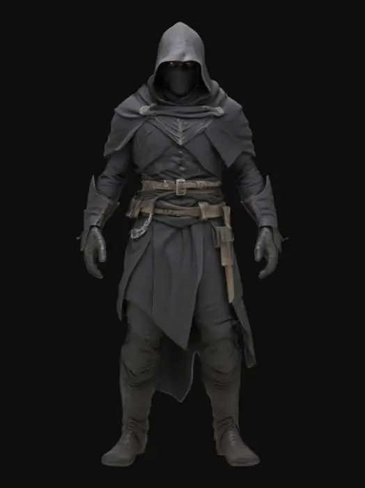 3D model for 一位身披深色斗篷的神秘刺客，身形精瘦而敏捷，斗篷材质轻盈，表面布满细密的褶皱，仿佛能融入阴影。他的脸部被兜帽和面罩遮住大半，只露出一双锐利而冷漠的眼睛。手臂和腿部肌肉线条流畅，展现出力量与爆发力。斗篷下隐约可见皮革护甲的纹理，整体姿态警觉而沉静。