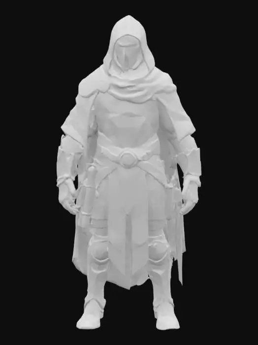 3D model for A nimble and elusive assassin cloaked in midnight-blue velvet, subtly interwoven with silvery threads that shimmer in low light. The heavy fabric drapes with smooth folds, providing a luxurious, yet concealing, appearance. A dark, featureless mask covers his face, with two glinting steel-gray eyes peering through. Underneath, sleek black carbon-fiber plating and tight-fitting, synthetic armaments imply a high-tech, futuristic urban design, maintaining a silent, poised vigilance.