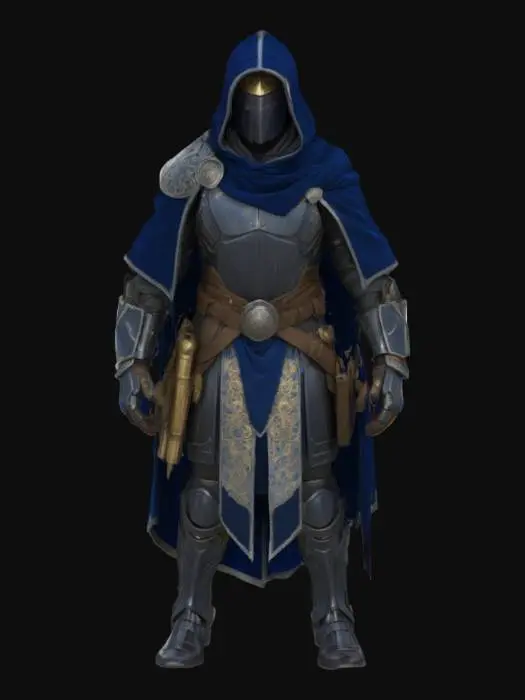 3D model for A nimble and elusive assassin cloaked in midnight-blue velvet, subtly interwoven with silvery threads that shimmer in low light. The heavy fabric drapes with smooth folds, providing a luxurious, yet concealing, appearance. A dark, featureless mask covers his face, with two glinting steel-gray eyes peering through. Underneath, sleek black carbon-fiber plating and tight-fitting, synthetic armaments imply a high-tech, futuristic urban design, maintaining a silent, poised vigilance.