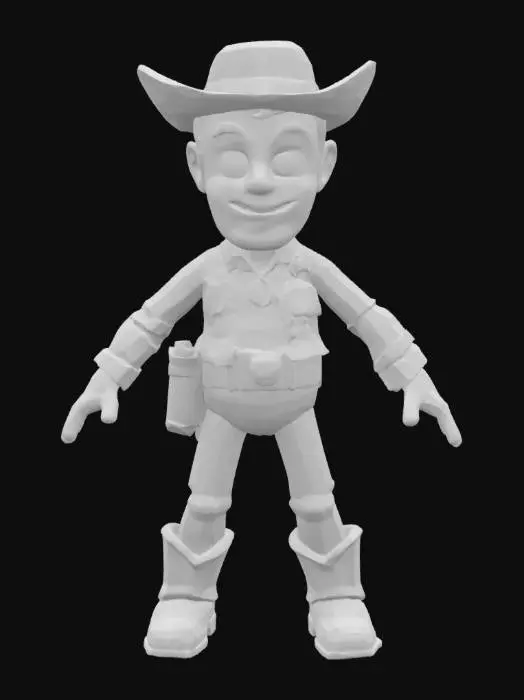 3D model for 一个《玩具总动员》中胡迪警长的卡通模型，高挑纤细，身着经典的黄色格子衬衫、蓝色牛仔裤和印有奶牛斑点的马甲，头戴棕色牛仔帽。他的面部是光滑的塑料材质，笑容友善而自信，眼睛大而明亮。衣服呈现出柔软的布料质感，牛仔裤有轻微的纹理。背部有一个红色的塑料拉环。整体色彩鲜明，触感混合了布料的温暖和塑料的光滑，充满西部牛仔的活力。